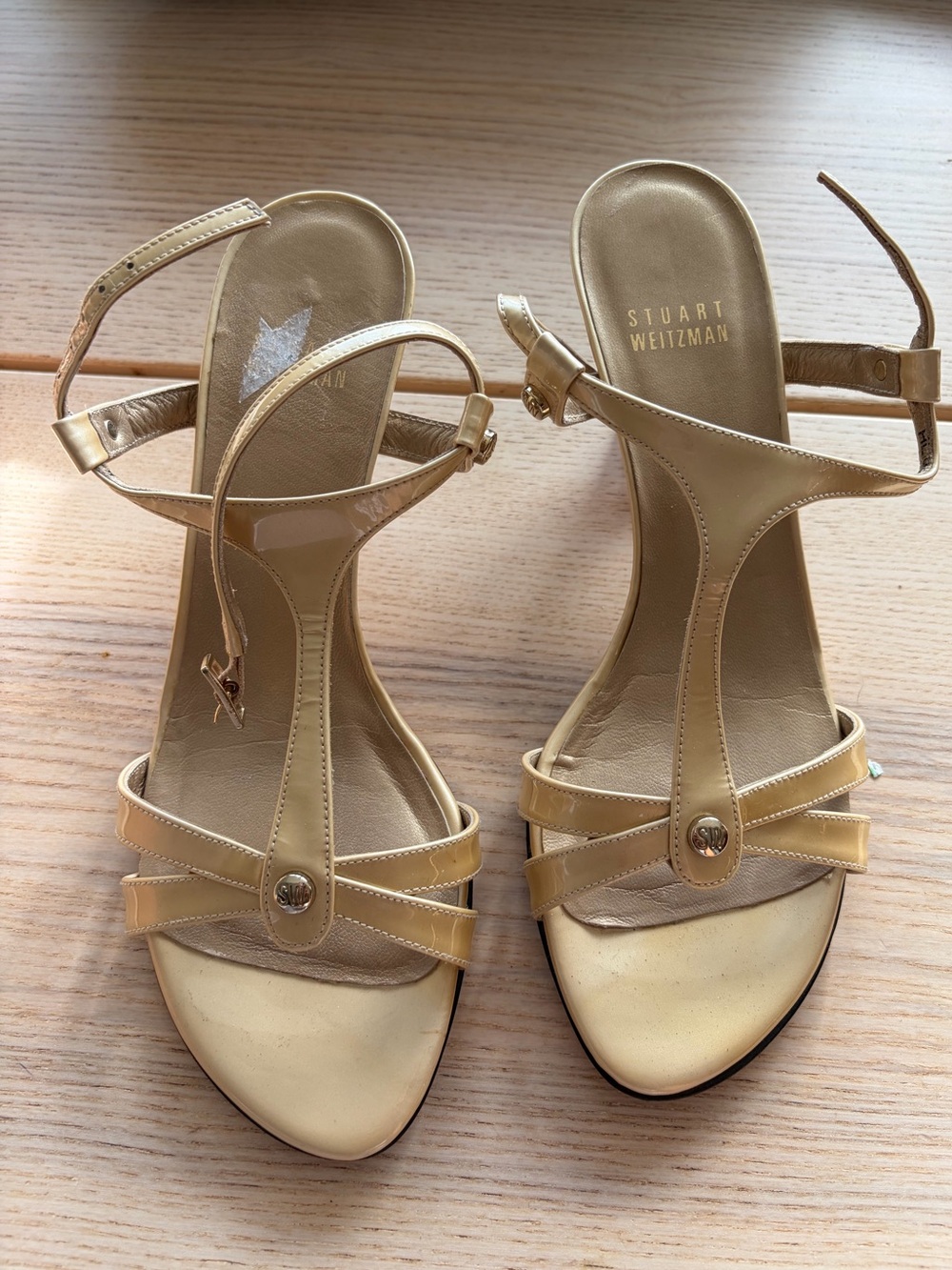 Stuart Weitzman Metallic Gold T-Strap Heeled Sandals